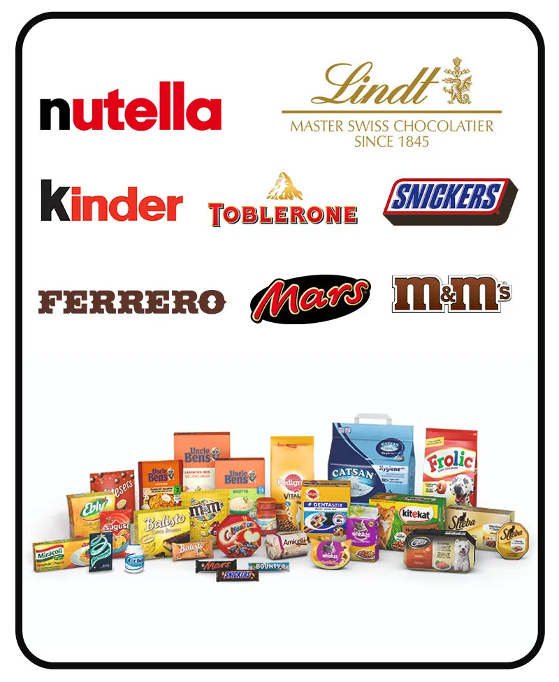 Range of branded chocolates, confectionery and pet food products available for bulk export