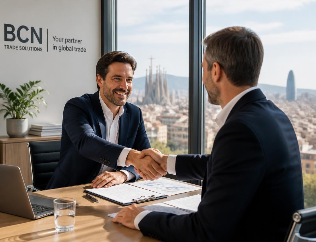 Two trade professionals shaking hands in a Barcelona office