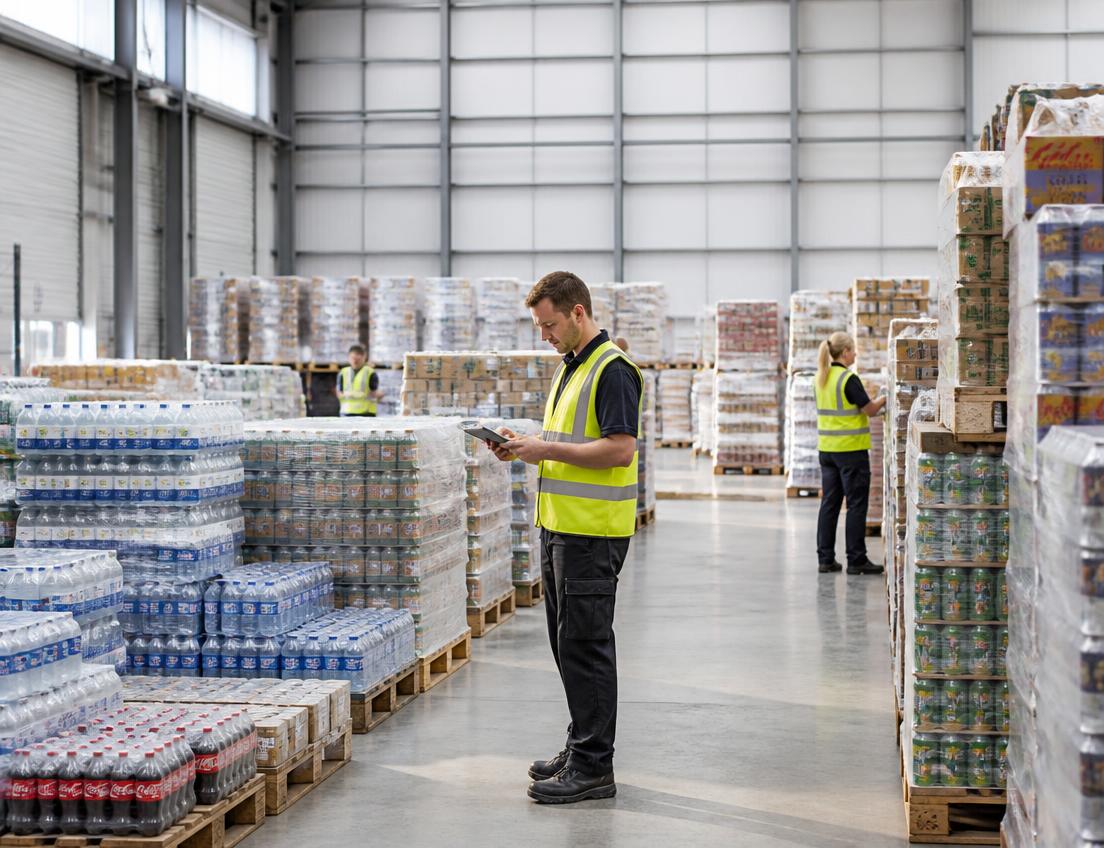 Warehouse stocked with pallets of beverages and packaged goods